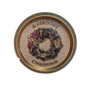 Vintage 1990s Christmas Wreath Tin Serving Tray Rose Gold Teal Tones